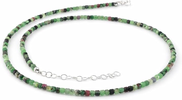 Natural Gemtone Beads Handmade Strand Necklace with Silver Chain Extender for Women - Available in Gray Labradorite, Green Zoisite, Red Garnet, Moonstone, Multi-Color Tourmaline, Black Spinel, Ruby Stones