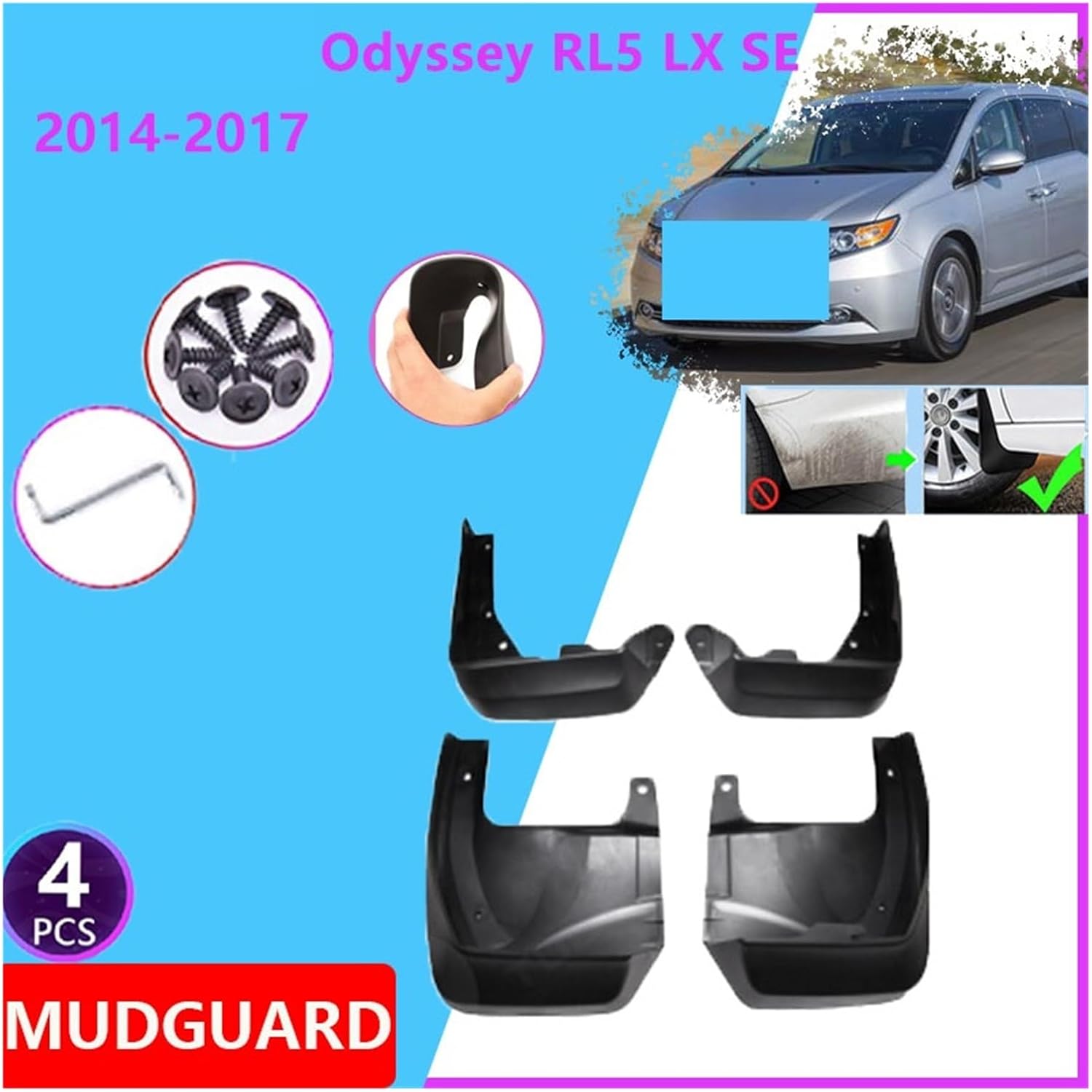 Car Fenders Compatible with Odyssey RL5 LX SE 2014 2015 2016 2017 Rear Mudguards Splash Guard Covers Front Wheel Mud Flaps Accessories
