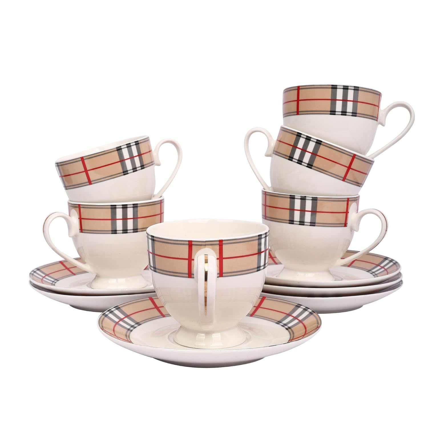 SWASHA Fine Bone China Tea Cups Set with Saucers, Cup Plate Set for Tea Coffee Set of 6 (White-Red)