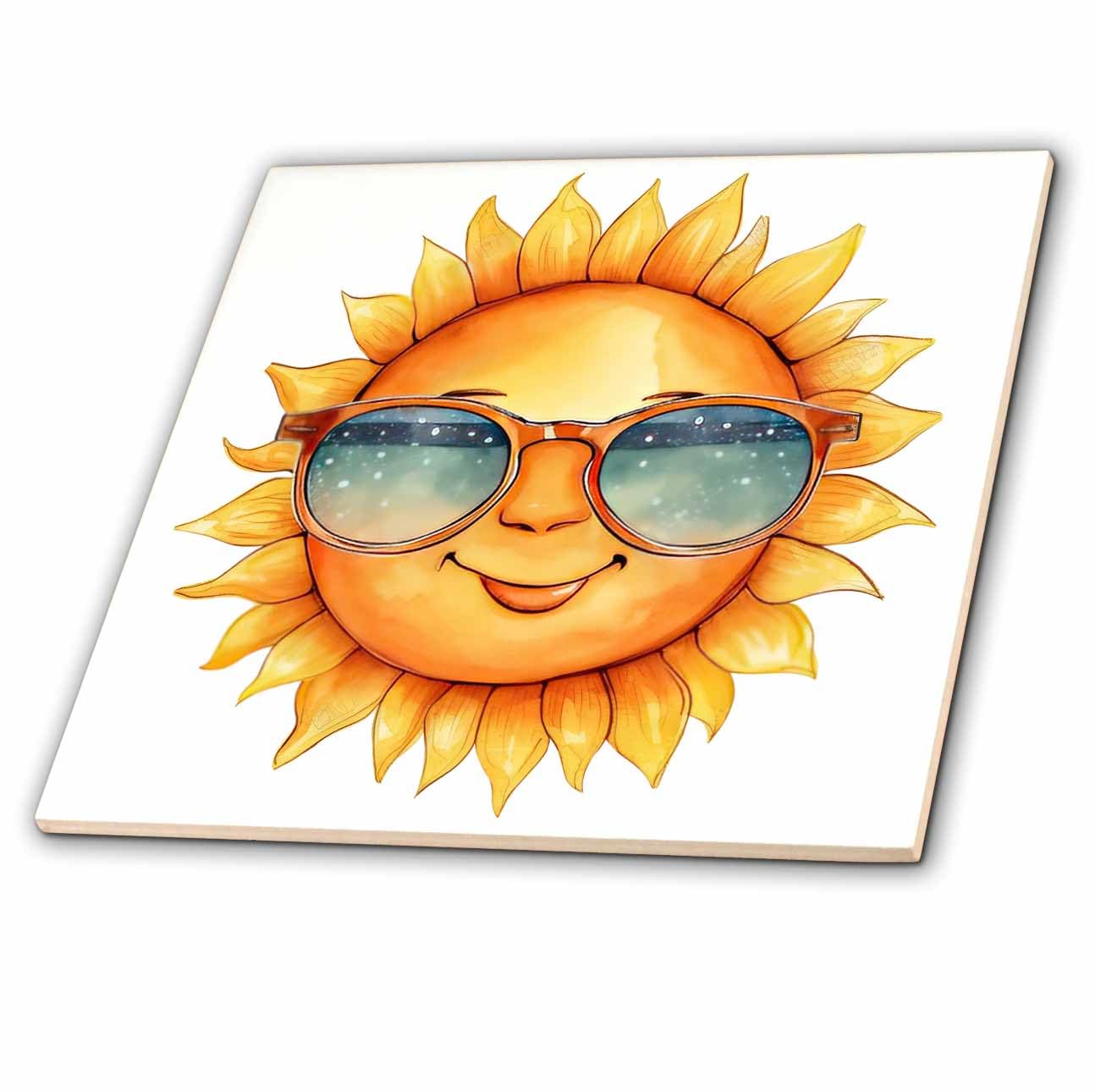 6 Inch Glass Tile - Cute Sun with Sunglasses Illustration Illustrations