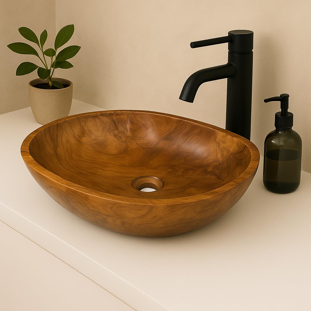 Lavabo en teck ovale 30x25 / 40x30 / 60x40 cm – Vasque à poser en bois pour salle de bain ou WC – Surface lisse – Produit naturel – Vasque décorative en bois massif (60x40cm)
