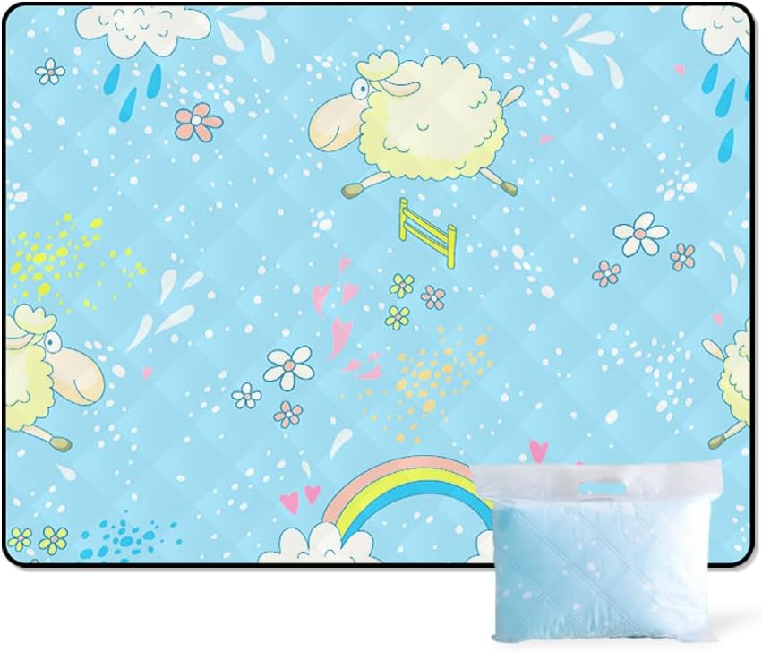 Picnic mat 80”x 60” Picnic Blanket Extra Large with Carry Strap Waterproof and Foldable Beach Blanket Outdoor Blanket for 4 to 6 Adults for Camping Park Beach Grass Indoors (Sheep)