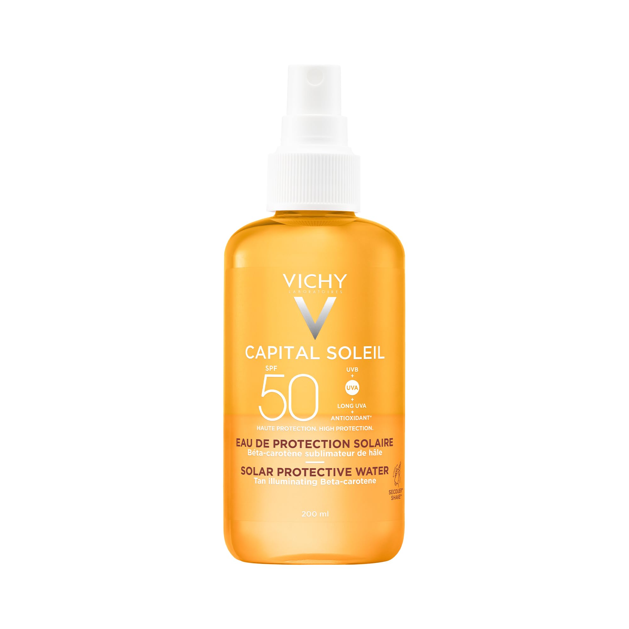 Vichy Capital Soleil Solar Protective Water SPF 50, Tan Illuminating Sunscreen Spray For Even Radiant Glow and Cell Protection For All Skin Types, 200ml