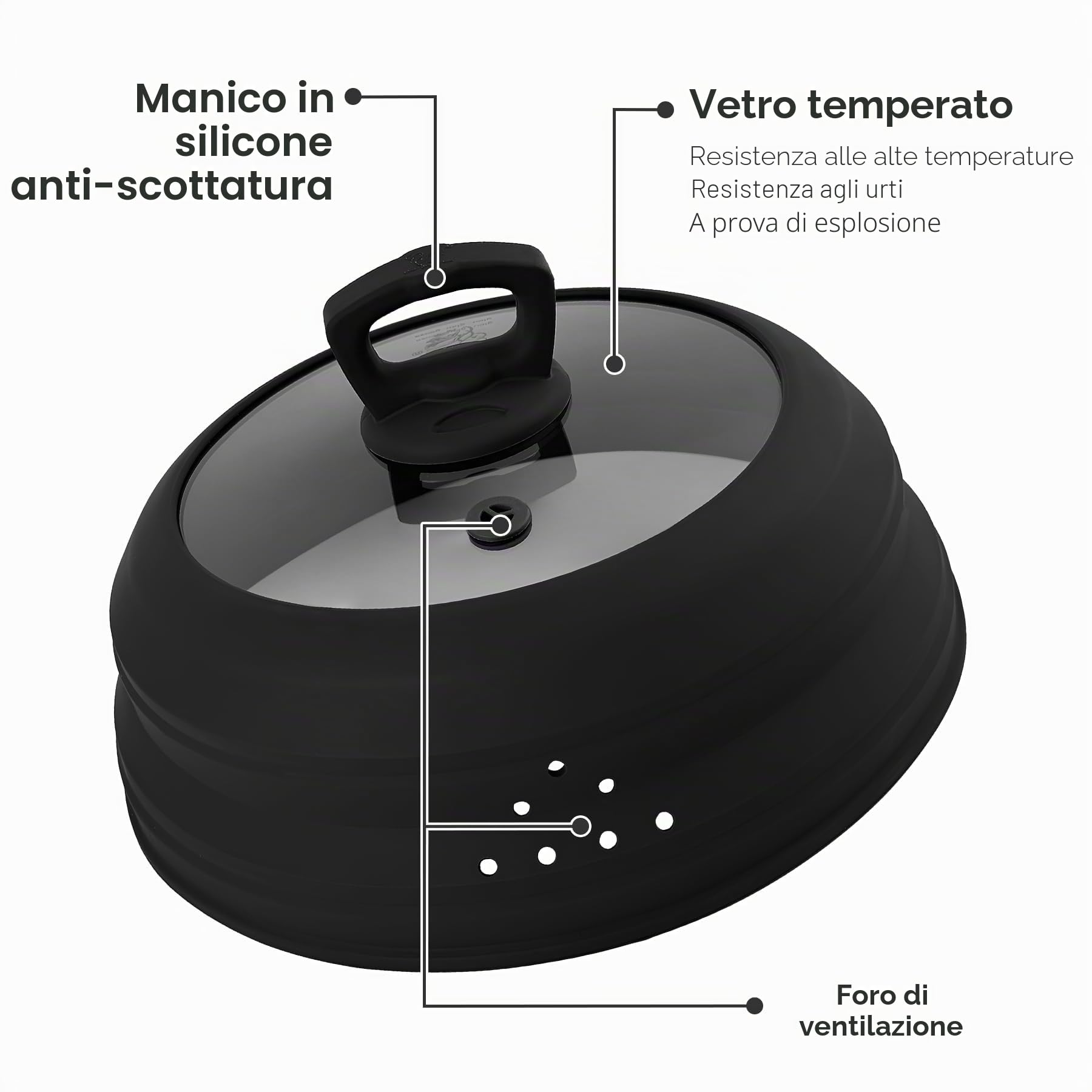 Copertura per microonde in vetro da 30 cm, con manico, pieghevole, in silicone, con sfiato per vapore, per pentola, piatto, ciotola, (nero)