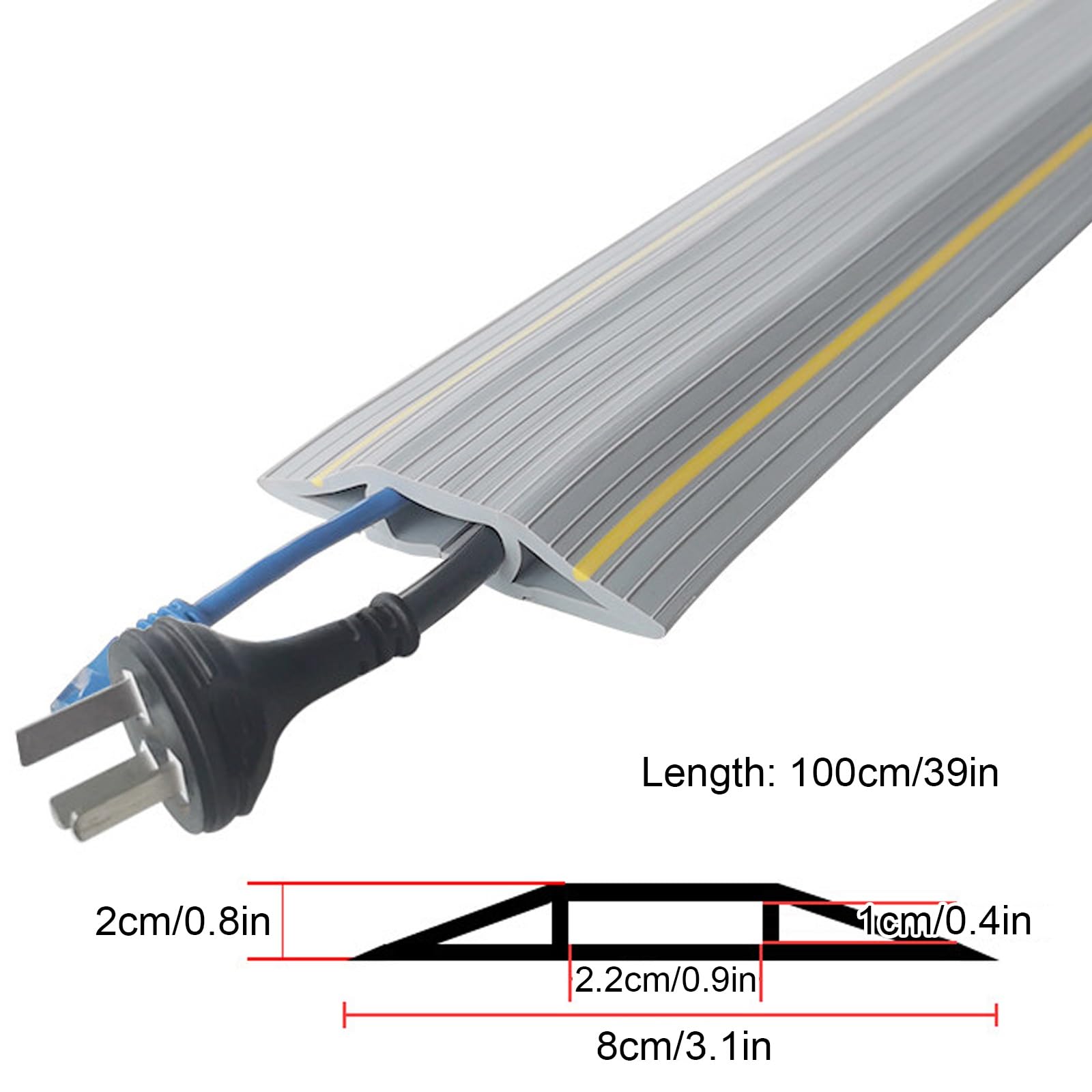 Pasacables Suelo de 100 cm, Ocultador de Canaleta Cables Suelo, Canaletas para Cableado de Goma, Prevenir Tropiezos, Cavidad para Cables: 2,2 cm (Ancho) X 1 cm (Alto)(Gray)