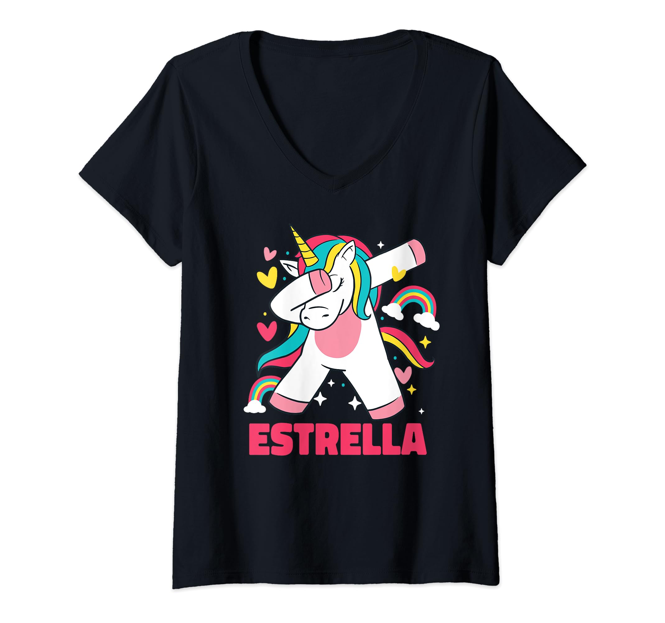 Estrella Girl Name Dabbing Unicorn Rainbow Custom Birthday V-Neck T-Shirt