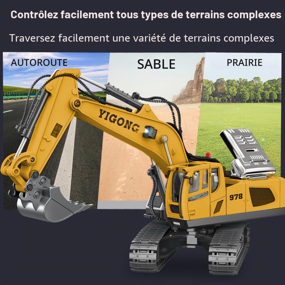 X-Verse Pelleuse télécommandée jouet, véhicule de chantier télécommandé pour enfants, pelleuse sur chenilles RC 1:20 avec pelle en métal, 11 canaux, rotation à 680°, lumière et effets sonores