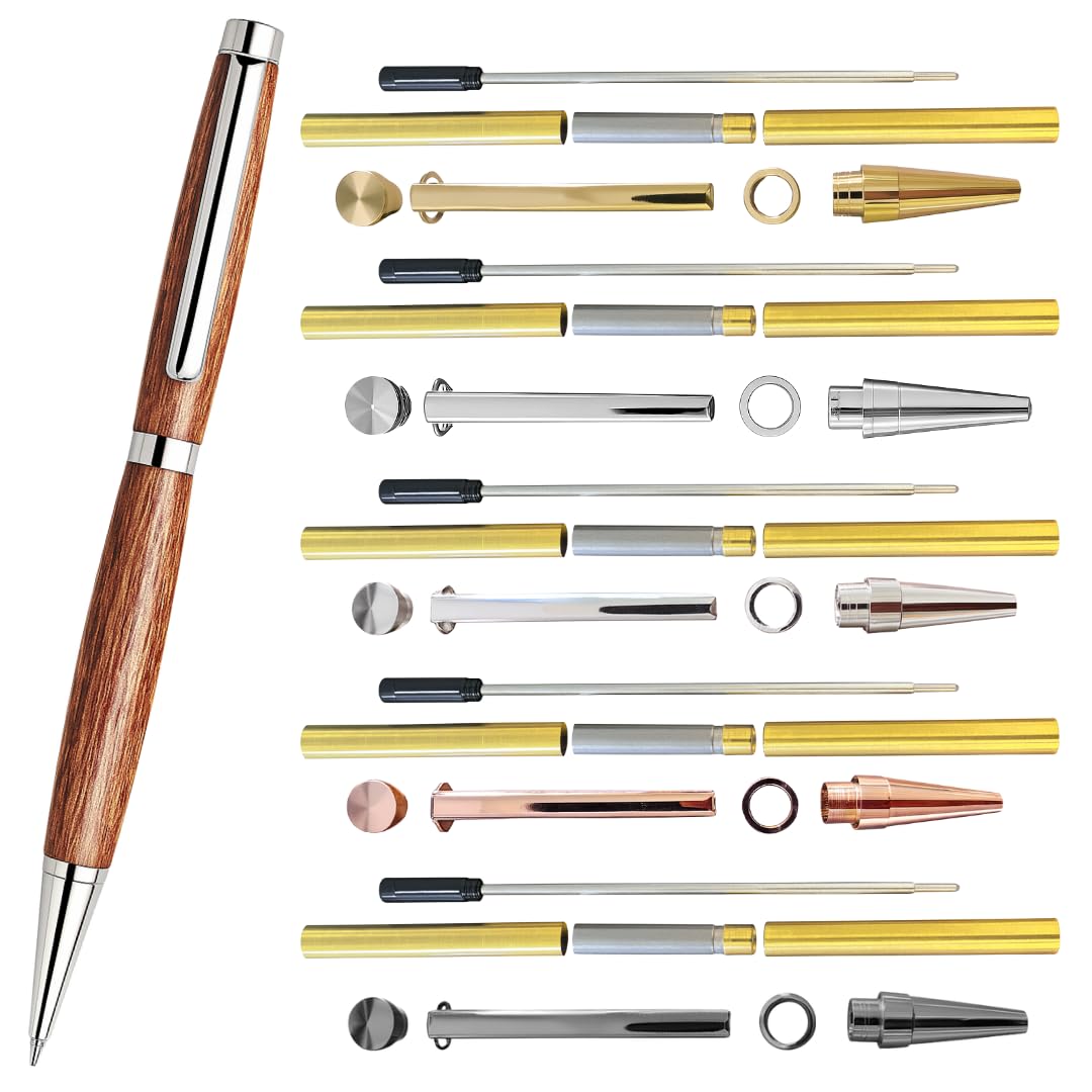 Slimline Pen Kit for Wood Turning || 5 Pack with Multiple Finishes || 7mm Twist Pen Kit