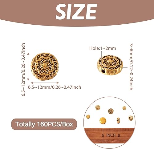 Miniatura 2 de Craftdady 160 cuentas espaciadoras redondas planas de oro antiguo de 0.394 a 0.472 pulgadas (0.236-0.472 in) de metal tibetano, cuentas sueltas para