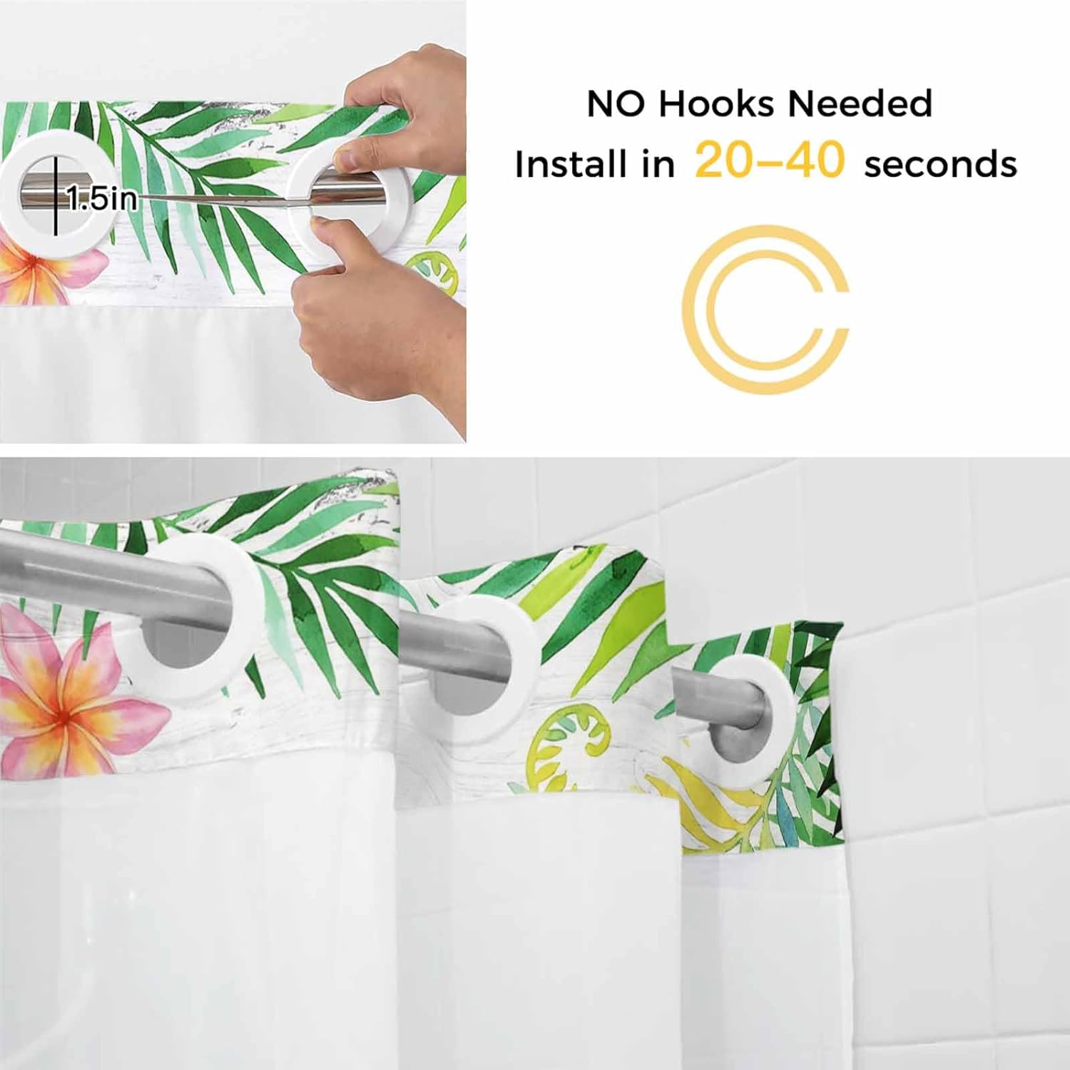 No Hook Shower Curtain and Snap in Liner Set,Tropical Spring Fabric Bathroom Stall Shower Curtains 48x72 Inch,See Through Mesh Top Window,Floral Leaves Butterflies Gray Wooden Hotel Style,Waterproof