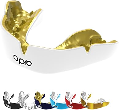 OPRO Instant Custom-Fit Mouthguard Dentist Level Gum Shield Adult and Kids OPRO Mouth Guard Boxing and MMA, Self-Fit Gum Shield Rugby Maximum Protection with Dental White/Gold