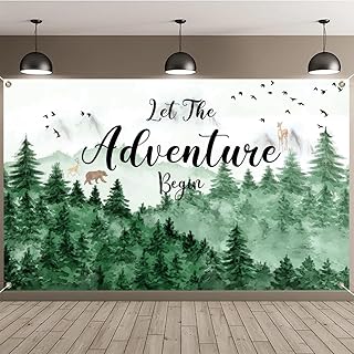 Let The Adventure Begin Backdrop Banner with 70.8"X43.3", Adventure Awaits Bon Voyage Tree Mountain Wilderness Forest Photography Background for Baby Shower Birthday Party Decoration