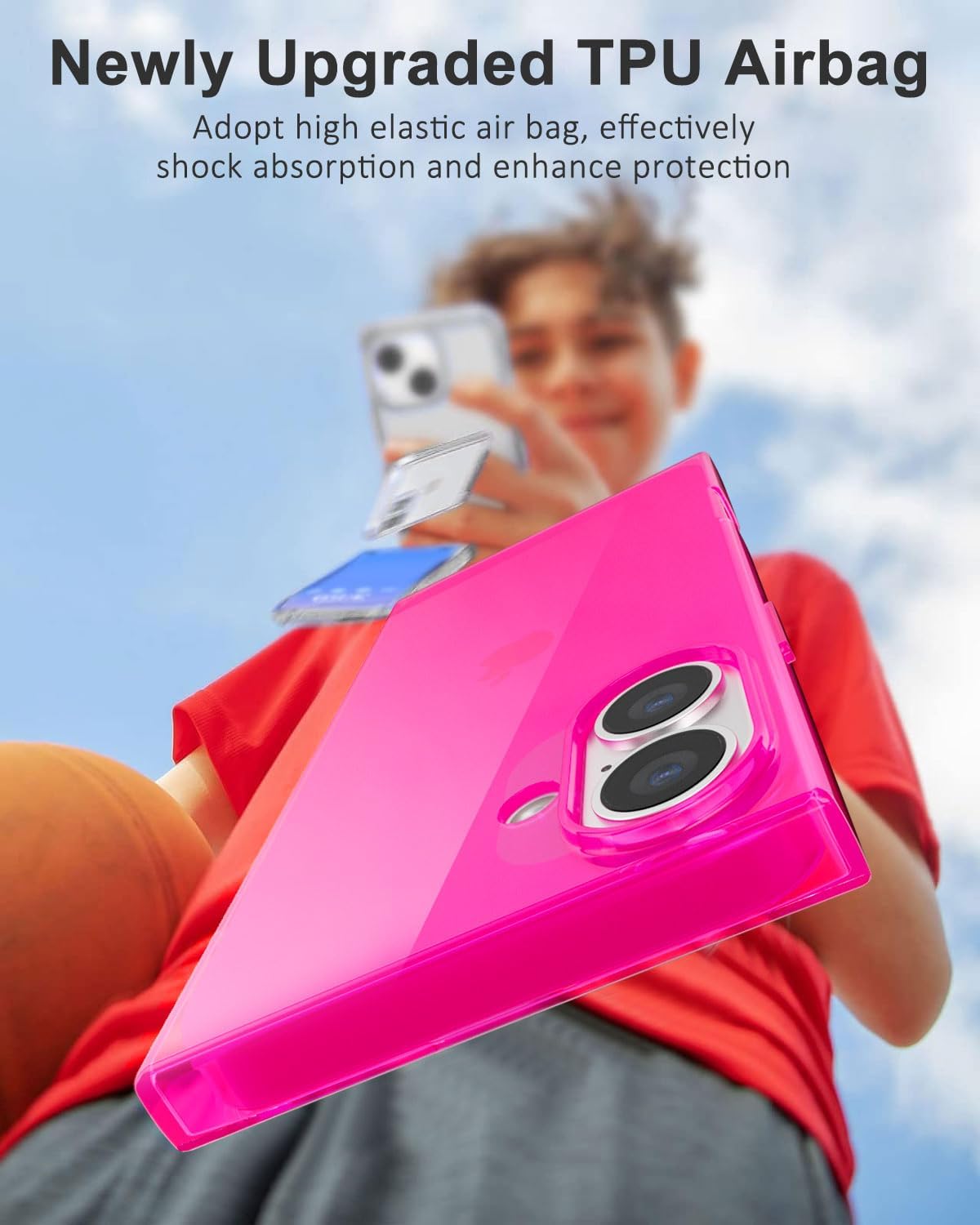 for iPhone 16 Clear Case Rectangle Edge, Transparent Aesthetic Trendy Girly Neon Bright Silicone Rubber Phone Case for Women, Thin Slim TPU Bumper Protective Cover, Hot Pink - Image 6