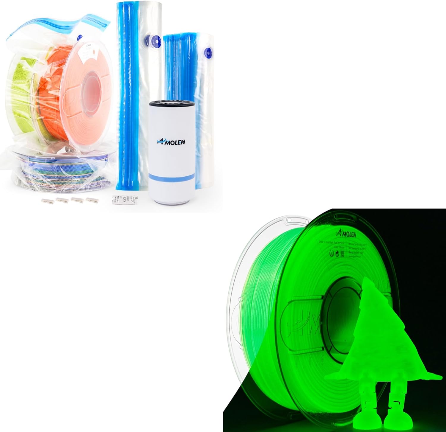 AMOLEN Filament Storage Bundle: 28PCS Filament Storage Bags Vacuum Kit with Automatic Pumps & AMOLEN Glow in The Dark PLA Filament 1.75mm Glow Green