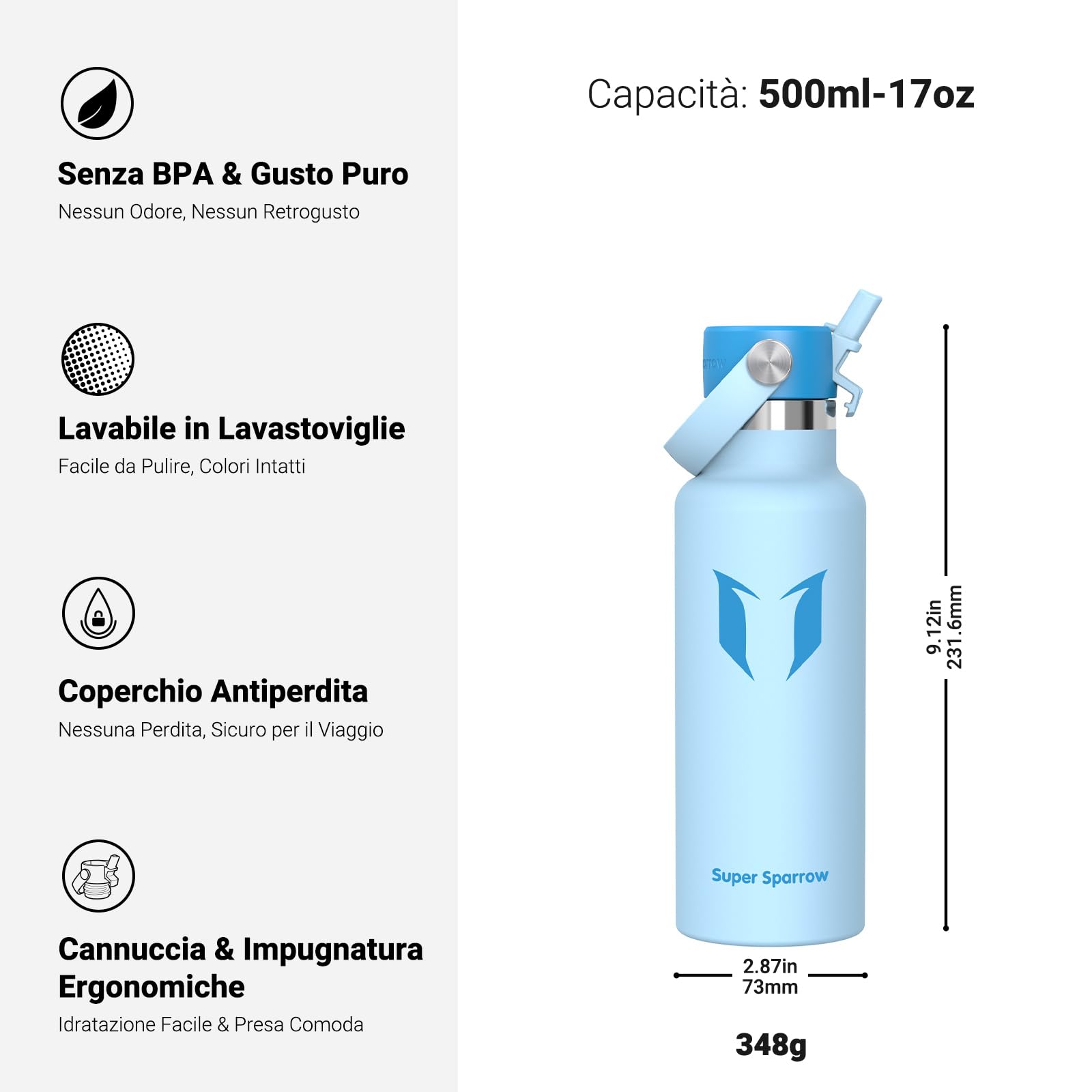 Super Sparrow Borraccia Termica, Acciaio Inox Bottiglia Termica - 350ml, 500ml, 750ml, 1L, 1.2L - Senza BPA Borracce, Borraccia Bambini per Scuola, Sport, Campeggio, Yoga, Palestra, Ciclismo