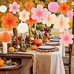 15 Pcs Fall Party Decor Set, Pink and Orange Hanging Paper Lanterns, Paper Flowers Fans for Baby Shower Thanksgiving Birthday Wedding Bachelorette Graduation Classroom Wall Decorations - Image 4