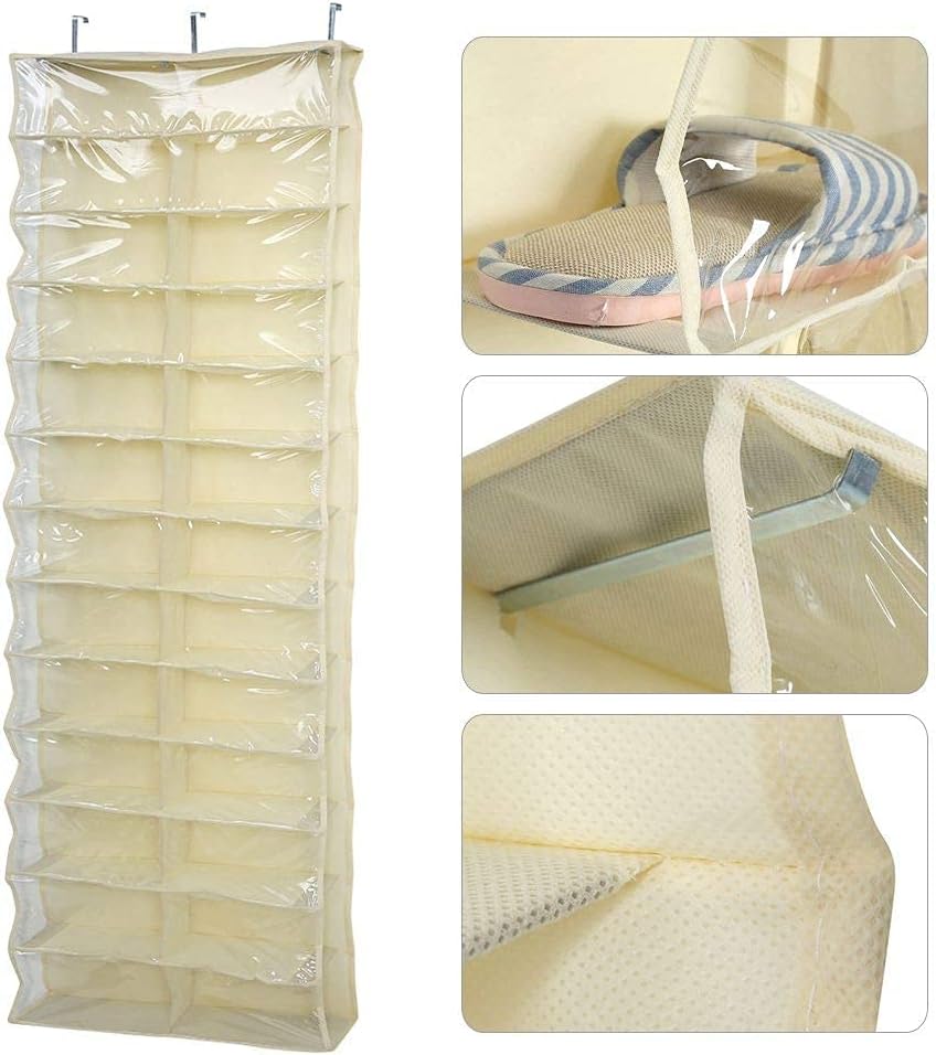 JEOZBM Hanging Shoe Organizer, 26 Pockets Folding Hanging Door Closet, Over The Door Shoe Organizer, Hanging Storage Shelf for Shoes, Sneakers(56CM-Beige)