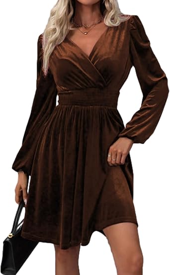Womens Elegant V Neck Long Sleeves Velvet Dress, High Waist Smocked A-Line Style Dress for Holiday, Wedding