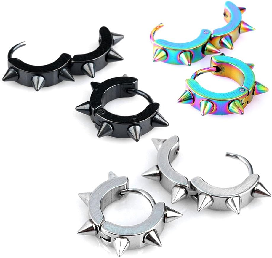 Jovivi 3 Pairs Men Women Jewelry Stainless Steel Hoop Spike Punk Earrings