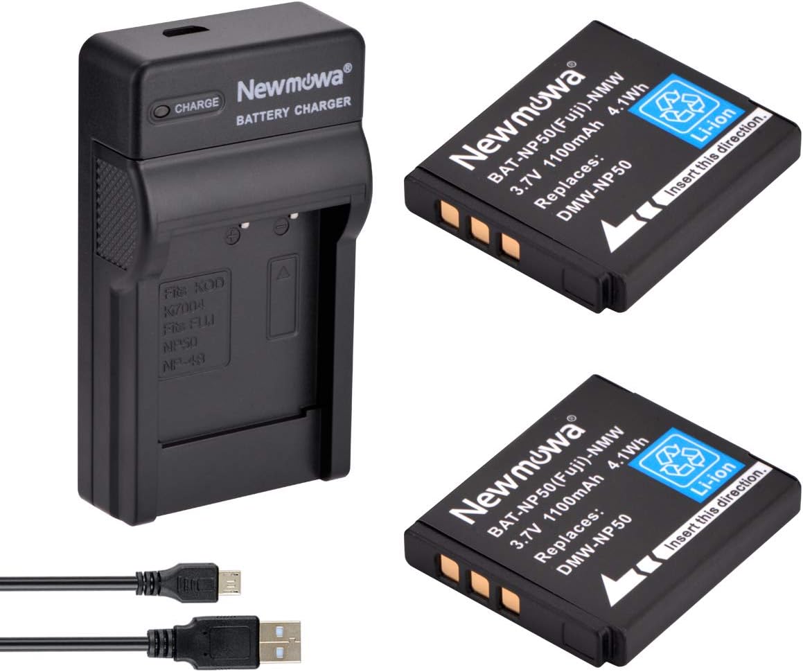 Newmowa NP-50 Replacement Battery (2-Pack) and Portable Micro Charger kit for Fujifilm FinePix F100fd; FINEPIX F200EXR; FinePix F300EXR; FinePix F50fd; FinePix F550EXR; FinePix F600EXR