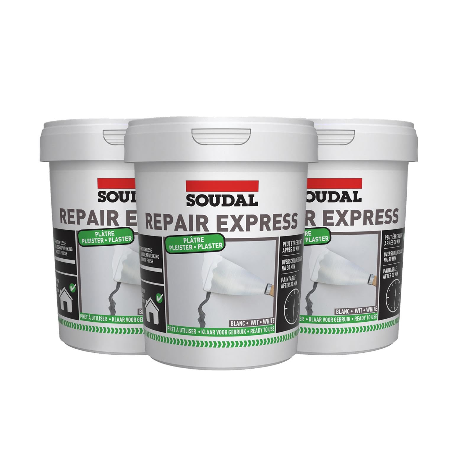 Soudal Repair Express Plaster Fast-Curing Filler (900ml Tub) - 3 Pack