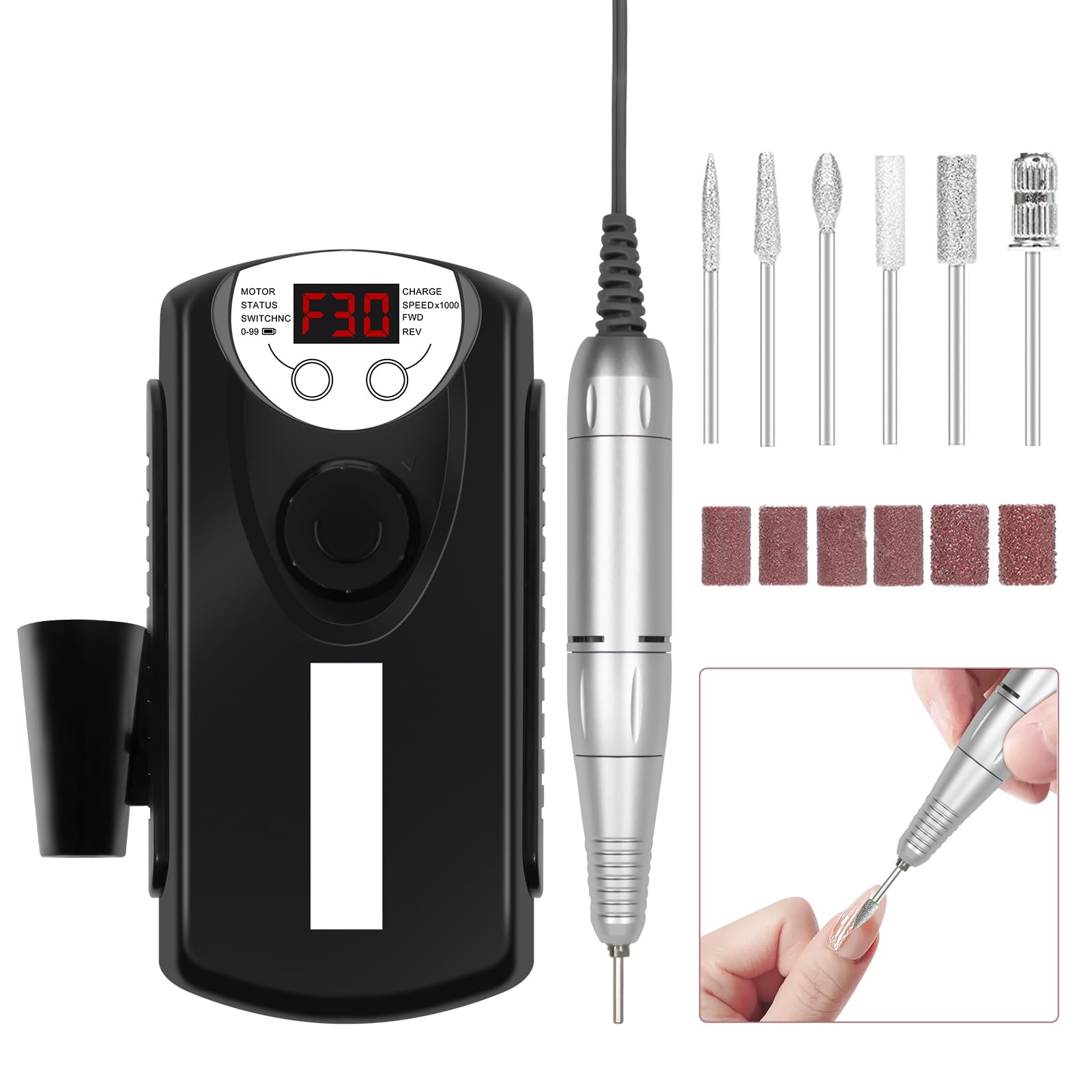 Professional Electric Nail Drill Machine, Portable Rechargeable 30000RPM Electric Nail File for Acrylic Gel Nails, Professional Manicure Kit with 6 Nail Drill Bits 6 Sanding Bands, for Salon and Home