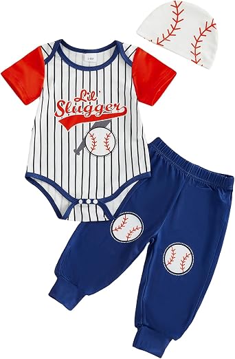 Honganda Infant Baby Boy Baseball Outfits Letter Print Striped Romper Bodysuit with Pants Hat 3Pcs Summer Clothes Set
