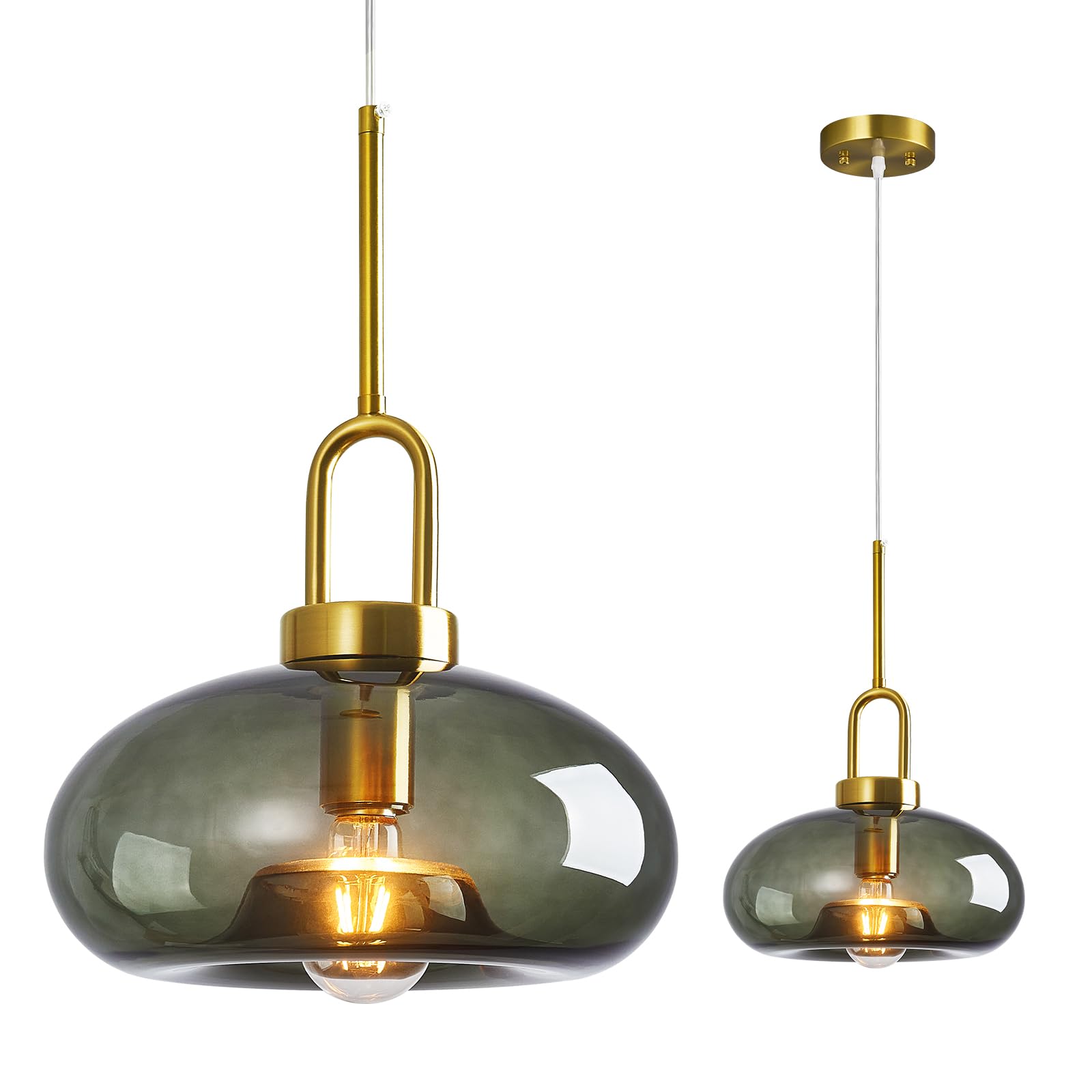 Gray Green Glass Pendant Lights Kitchen Island Gold Pendant Light Fixtures Adjustable Height Modern Pendant Lighting for Bedroom Dining Room (1-Pack) Gray Green - 11.02 in