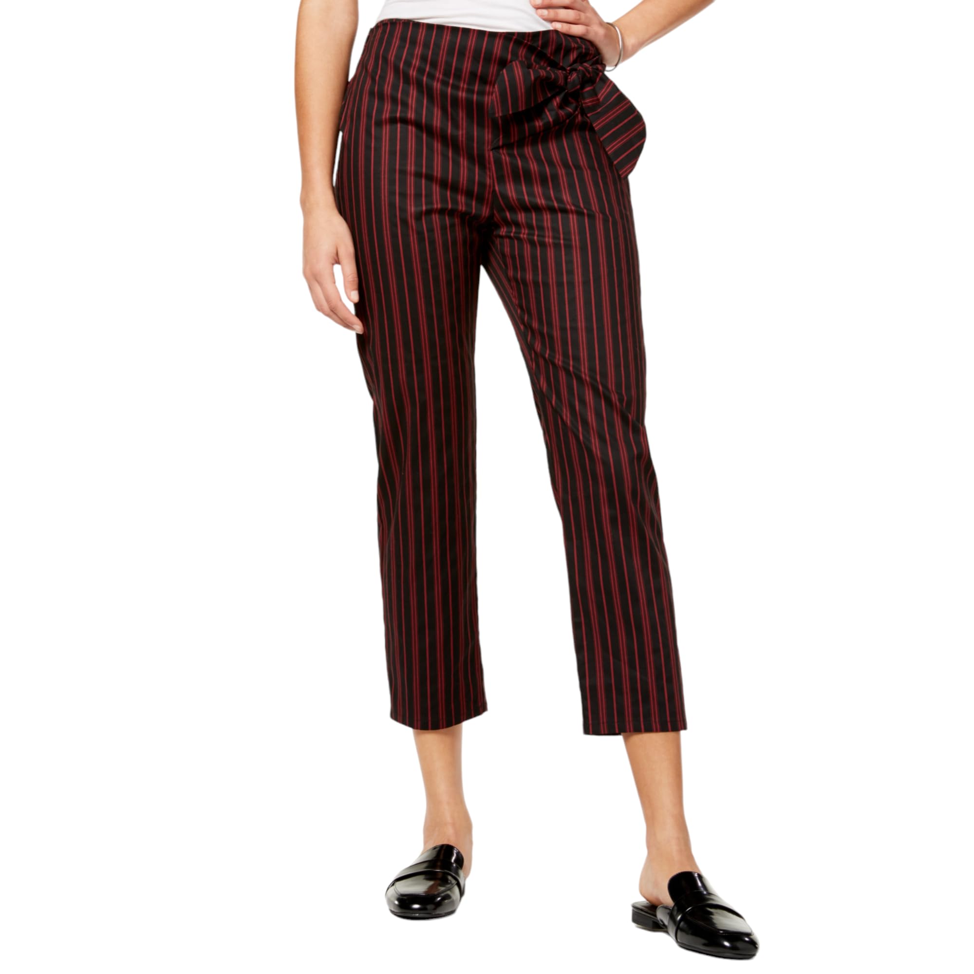 Be Bop Juniors Striped Tie Waist Cropped Pants Black Burgundy Stripe S