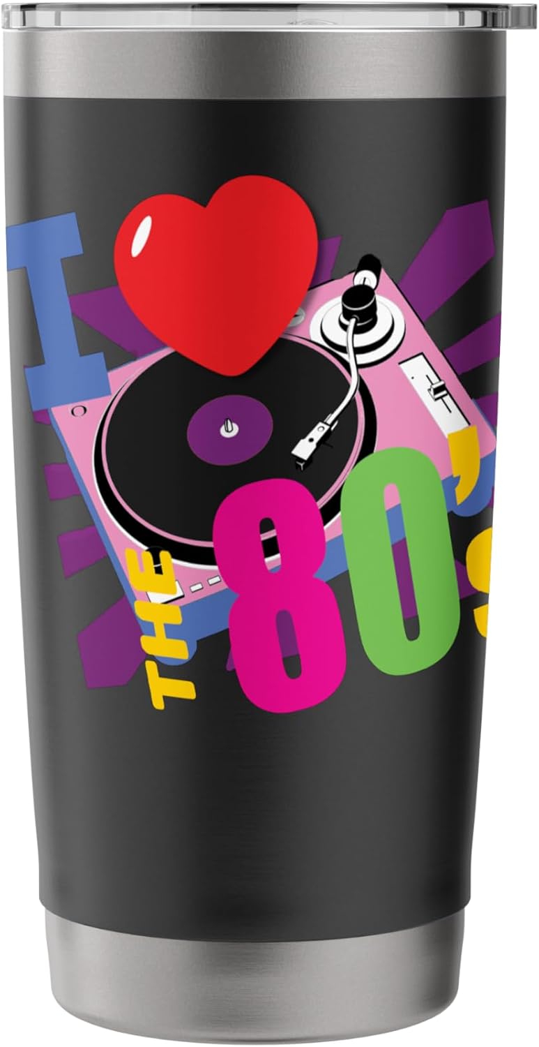 I Love The 80's Retro Pink Record Player Fun Vinyl Theme Stainless Steel Insulated Tumbler image 3