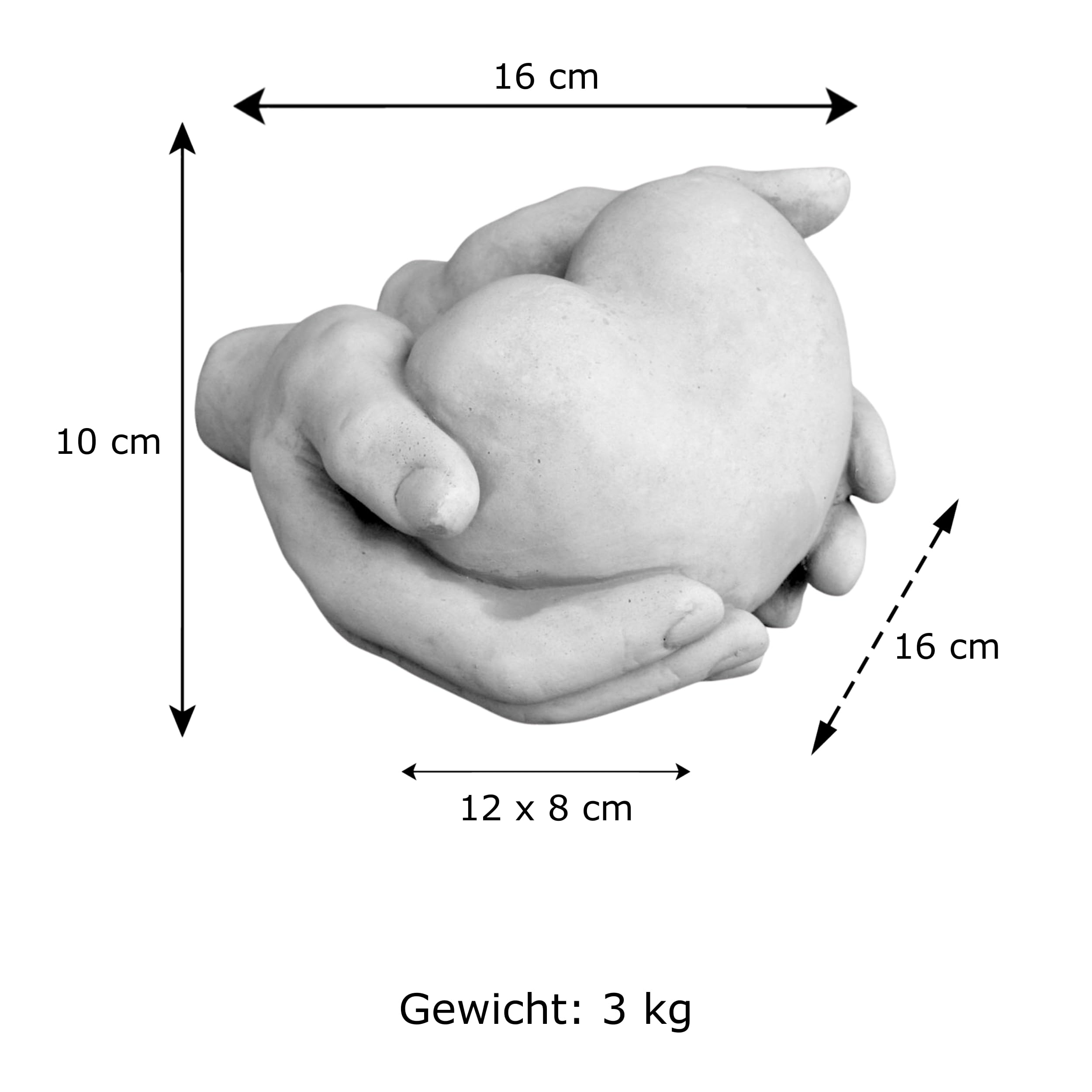 gartendekoparadies.de Herz in Hand Skulptur aus Steinguss, Grau, Frostsicher, H. 10 cm, 3 kg