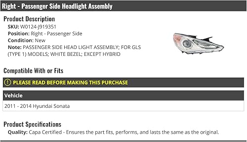 Conjunto de faro delantero derecho del lado del pasajero, con bisel blanco, compatible con Hyundai Sonata 2011-2014 excepto híbrido (para modelos
