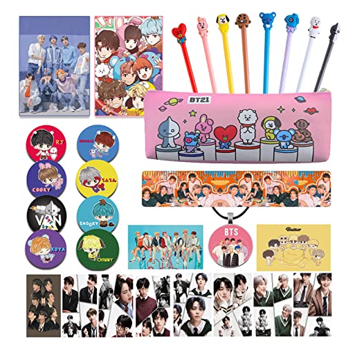Cartoon School Supplies Gift Set -1 Pencil Case,8 Pens,1 Ruler,1 Necklace,2 Mini Notebooks,8 Button Pins and 10 Card Stickers.