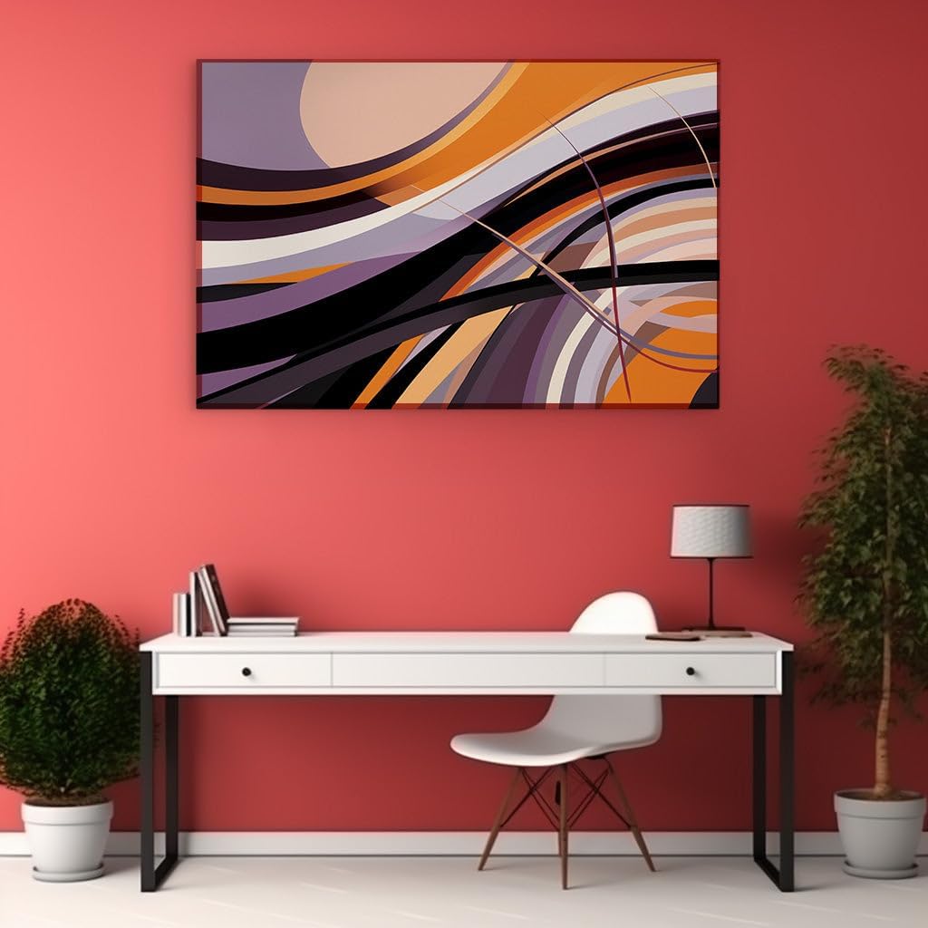 Canvas for Living room. Rhythmic Vibrancy in Motion: Where Orange, Black, and Purple Dance among Dynamic Curves, 27 x 18 inch Canvas Wall Art - Geometric Harmony - Modern Home Decor