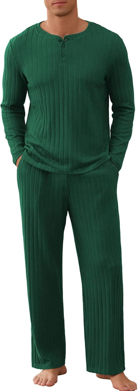 NITAGUT Men's Pajama Set Henley Collar Loungewear Long Sleeved Buttoned Sleepwear 2 Piece Pjs with Pockets
