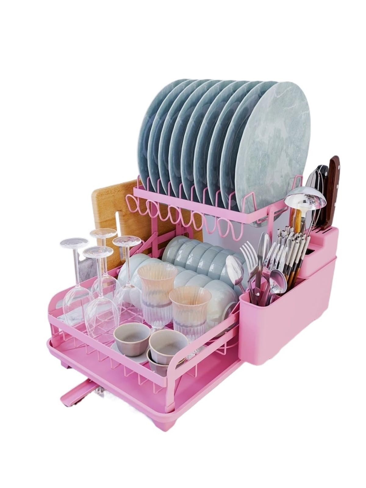 DSFVERVD Drain rack 2 Tier Dish Rack, Kitchen Counter Drying, Pink Appliance, No Drill Install, With Automatic Drainage System(Pink)
