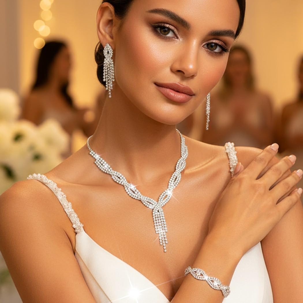 Aukmla Rhinestones Prom Bridal Jewelry Set Sparkly Wedding Necklace Earrings Bracelet Sets for Women and Brides