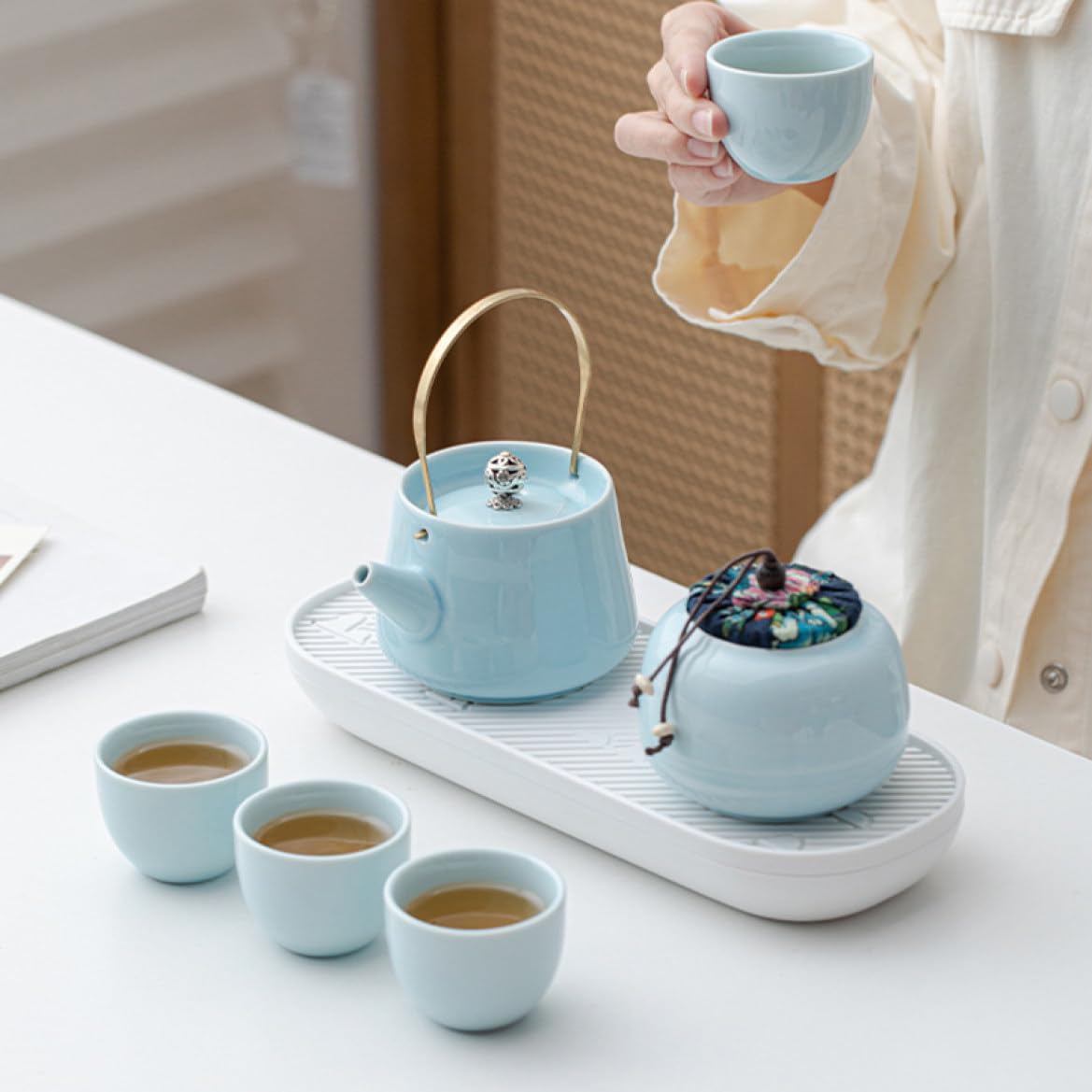 携帯用茶器セット 2色 茶器揃 茶芸 陶器 収納バッグ付き 茶器揃