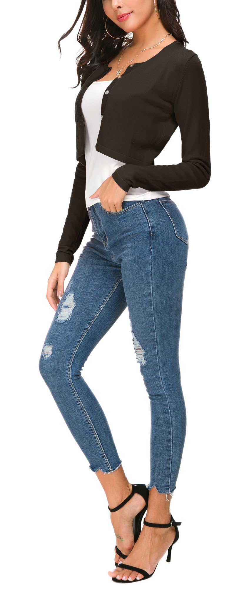EXCHIC Damen Elegant Langarm Bolero Strickjacke mit Knöpfe Rundhals Festlich Gestrickte Shrug Kurz Cardigan für Kleider