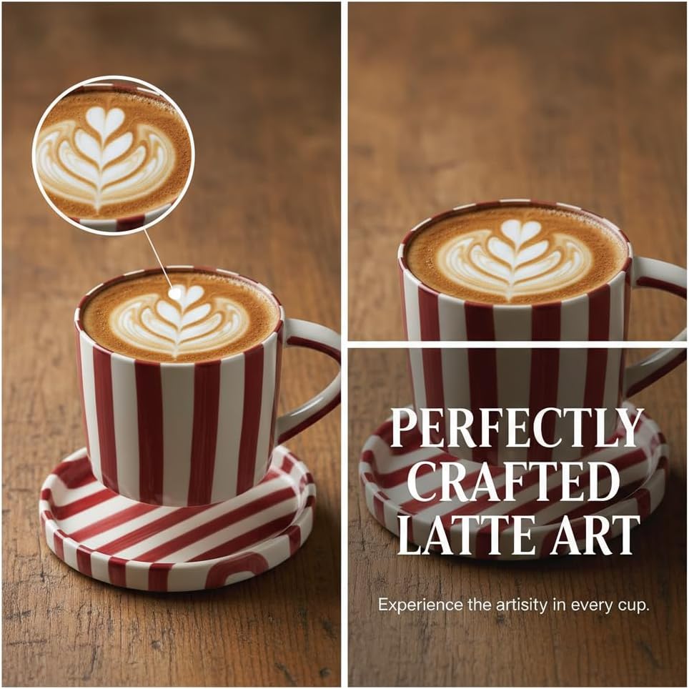 Festive Red and White Striped Ceramic Coffee Mug and Saucer Set, 200ml Latte & Tea Cup Gift for Holidays (Red)