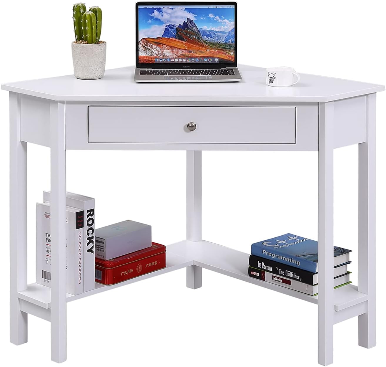 Lipo Corner Desk with Drawers for Small Space, Computer Desk with Storage Shelves, Makeup Vanity Desk, 90 Degrees Triangle Wood Modern Writing Study Table Home Office Desks for Bedroom, White