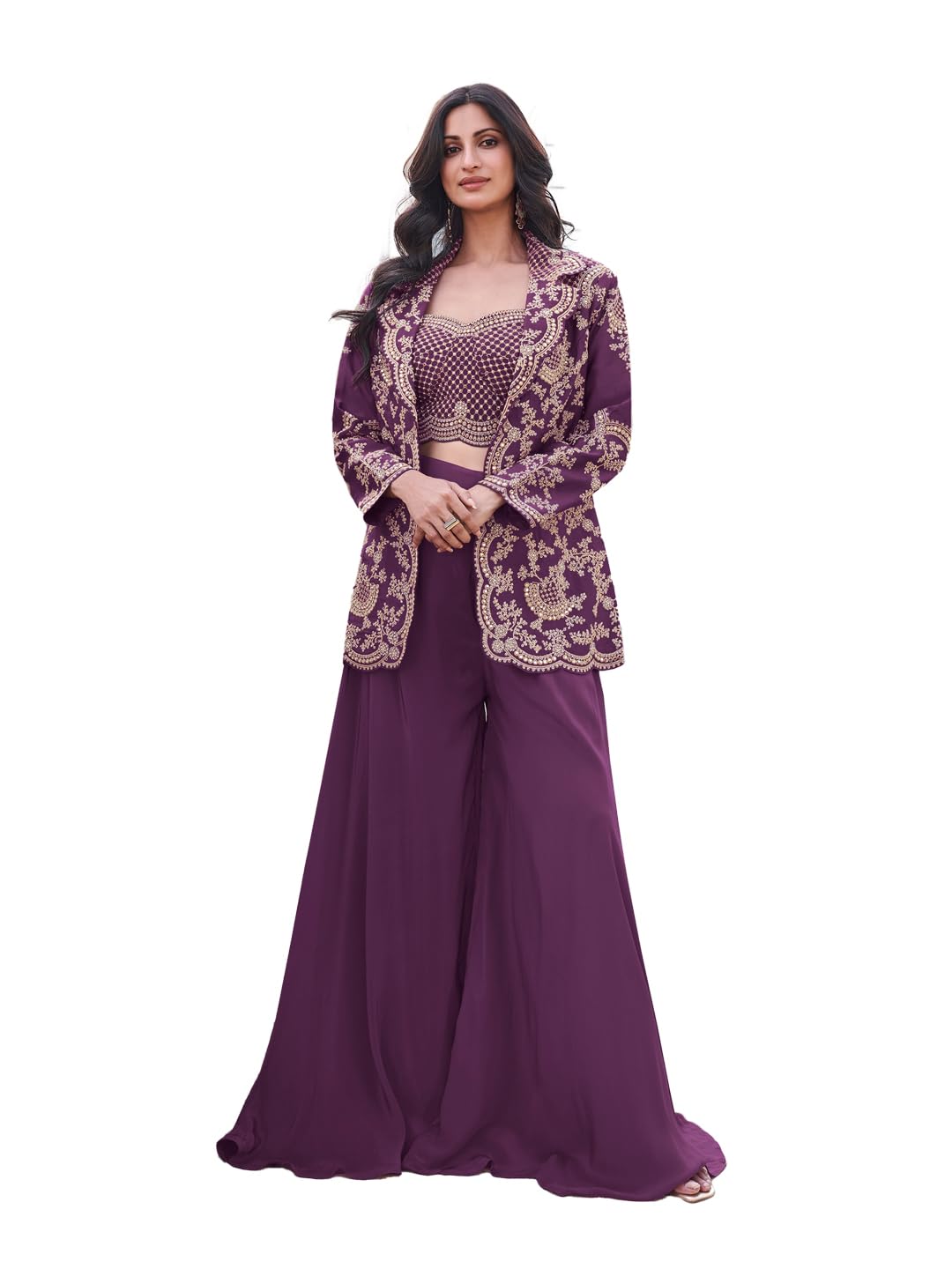 Purple Chinon Silk Embroidered Sequins Indowestern Jacket Palazzo Set (NO DUPATTA)-image-2