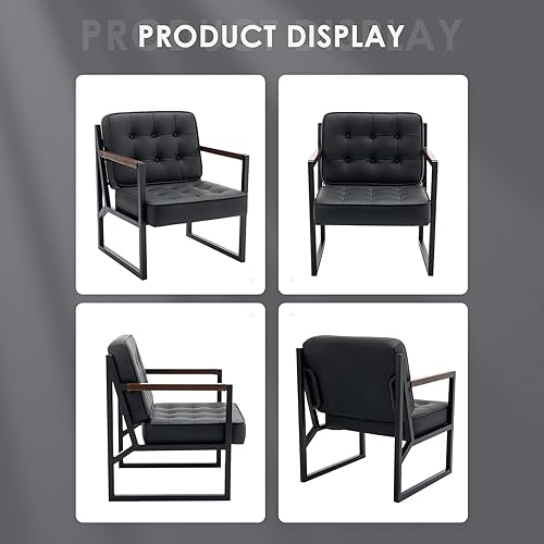 Miniatura 8 de COLAMY Juego de 2 sillas decorativas modernas de mediados de siglo, cómoda silla de sala de estar, silla decorativa de cuero negro, sillón de