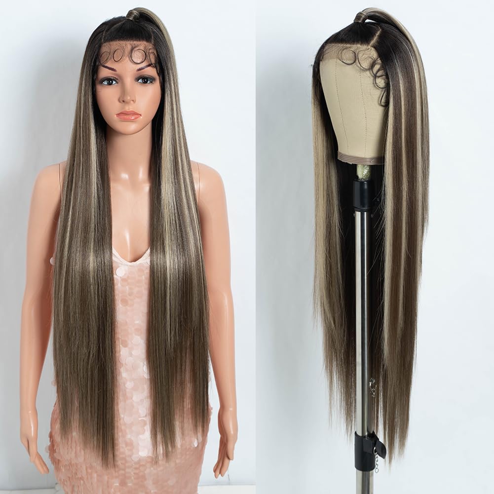 Style Icon Super Long Straight 13x4 Lace Frontal Wig 38 inch Long Straight Hair Wig for Women Synthetic Lace Front Free Part Wig Updo Wig Pre Plucked with Baby Hair Synthetic Fiber (NTSN4/UN8/12R)