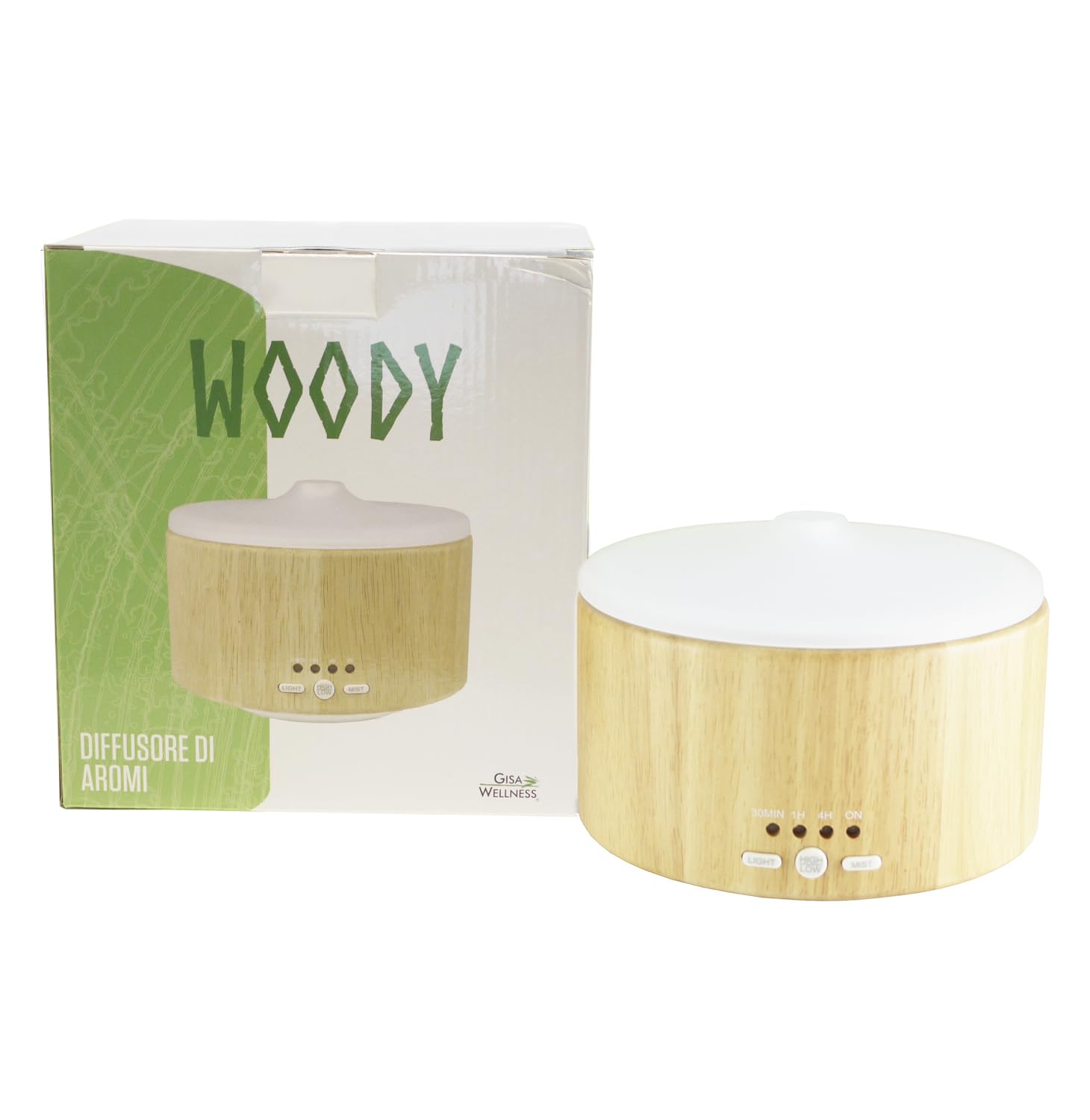 Gisa Wellness - WOODY - Diffusore di Aromi ed Oli Essenziali ad Ultrasuoni - 250ml - Aromaterapia e Cromoterapia - Vetro e Legno - Timer, Durata 6h - Relax