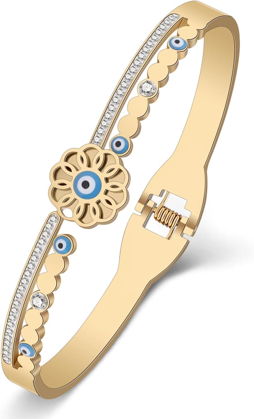 DUOWEI Cute Evil Eye Cuff Bangle Bracelet Stainless Steel 18K Real Gold Plated Jewelry Charms Amulet Gifts for Women (Evil Eye E Gold)