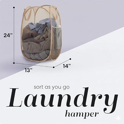 Miniatura 2 de Handy Laundry Cesta Plegable de Malla Emergente con Amplia Apertura y Bolsillo Lateral - Transpirable, Resistente, Plegable y Diseño que Ahorra Beige