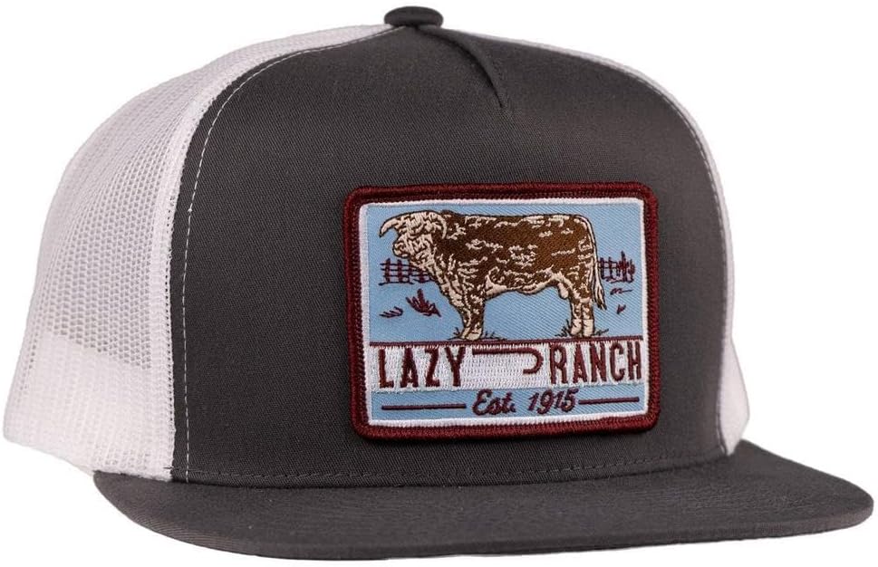 Lazy J Ranch Blue Bull Trap Patch Classic Five Panel Rope Trucker Hat - Adjustable Unisex Country Hats, Vintage Trucker Hat