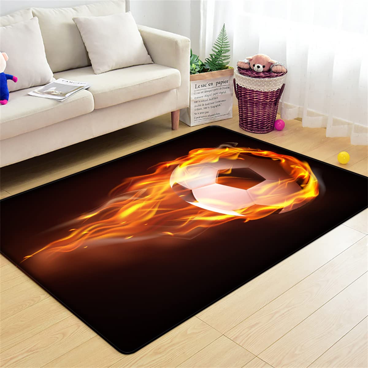 Tapis Enfant Football 3D 120x160 Cm - Antidérapant, Lavable - Décoration Salon Ou Chambre - Style Sportif