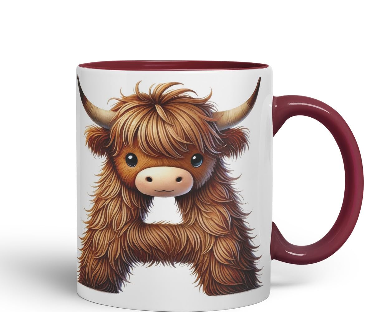 Vixar Highland Cow Alphabet Monogram Coloured Ceramic Cup Mug Letter A Rustic Farmhouse Animal Letter Gift V2 11oz (Maroon)
